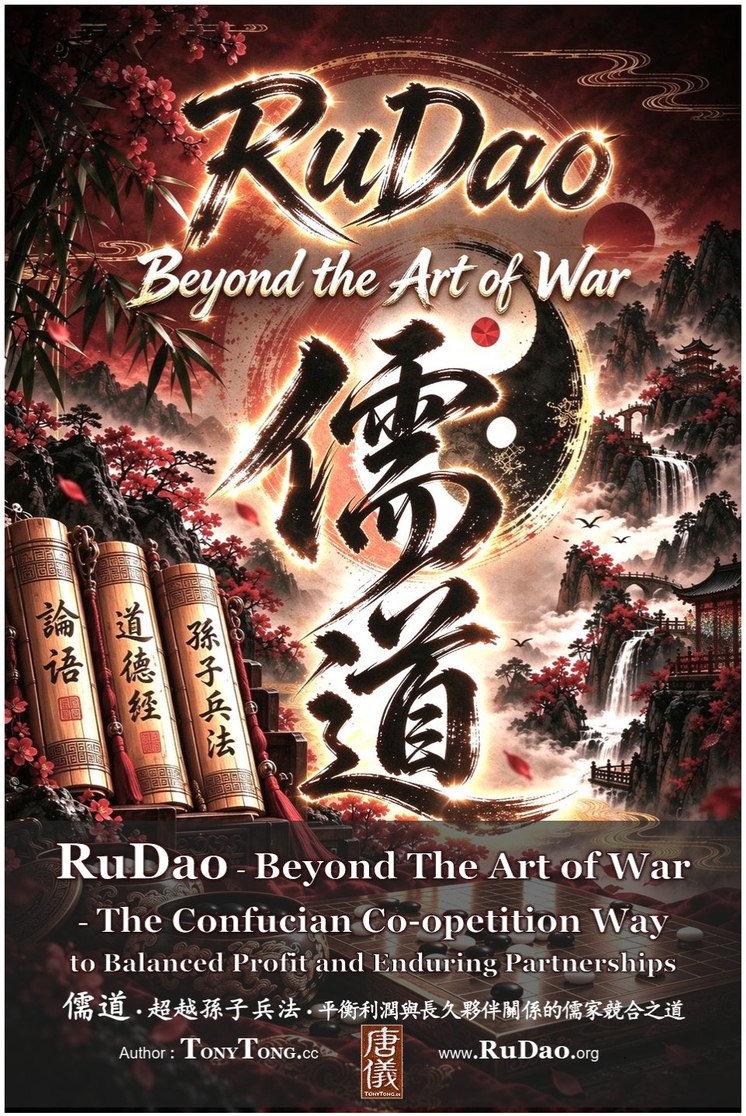 RuDao primary book cover — 儒道 vermillion calligraphy with golden glow, misty mountains and Confucian classics, by Tony Tong 唐仪, 2026